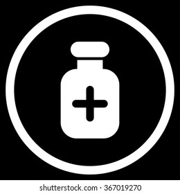 Medication Jar vector icon. Style is flat circled symbol, white color, rounded angles, black background.