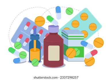 Medication in jars, blisters and bottles vector illustration. Cartoon drawing of colorful pills, tablets, capsules, illness treatment, prescription. Medicine, healthcare, medication, pharmacy concept