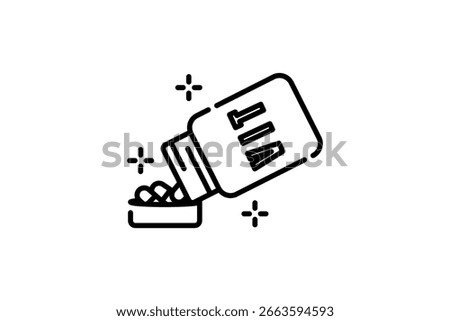 Medication Line Icon. capsule with bottle Pictogram. Vitamin capsule Outline Icon. Pharmaceutical Medicament Sign. Pharmacy Symbol. Editable Stroke. Vector Illustration isolated on white background.