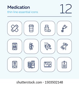 Medication line icon set. Adhesive bandage, pills, pain, symptoms. Healthcare concept. Can be used for topics like treatment, therapy, cure
