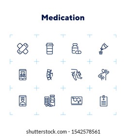 Medication line icon set. Adhesive bandage, pills, pain, symptoms. Healthcare concept. Can be used for topics like treatment, therapy, cure
