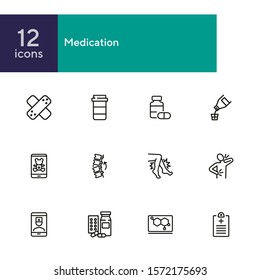 Medication line icon set. Adhesive bandage, pills, pain, symptoms. Healthcare concept. Can be used for topics like treatment, therapy, cure