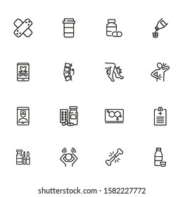 Medication line icon set. Adhesive bandage, pills, pain, symptoms. Healthcare concept. Can be used for topics like treatment, therapy, cure