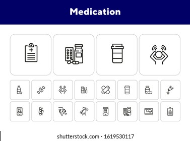 Medication line icon set. Adhesive bandage, pills, pain, symptoms. Healthcare concept. Can be used for topics like treatment, therapy, cure