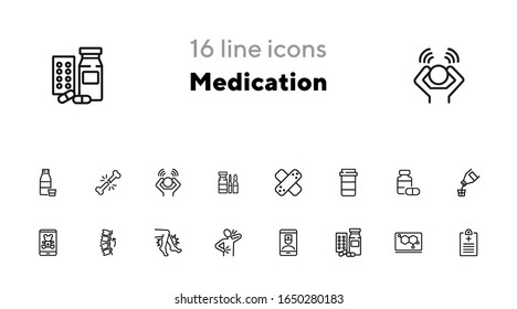 Conjunto de iconos de línea de medicamentos. Banda adhesiva, pastillas, dolor, síntomas. Concepto de salud. Puede usarse para temas como tratamiento, terapia, cura