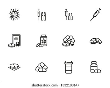 Medication line icon set. Syringe, pills, container, ampoules. Medicine concept. Can be used for topics like therapy, treatment, illness