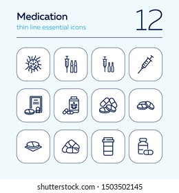 Medication line icon set. Syringe, pills, container, ampoules. Medicine concept. Can be used for topics like therapy, treatment, illness