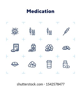 Medication line icon set. Syringe, pills, container, ampoules. Medicine concept. Can be used for topics like therapy, treatment, illness