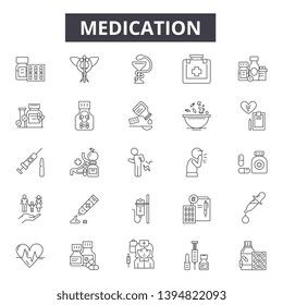 Medication line icon signs.  Linear vector outline illustration set concept.