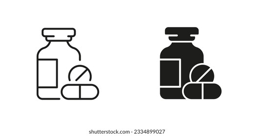 Medication Line and Silhouette Black Icon Set. Pill and Bottle Pictogram. Antibiotic, Painkiller, Vitamin, Pharmaceutical Medicament Sign. Pharmacy Symbol Collection. Isolated Vector Illustration.