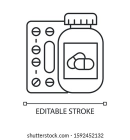 Medication linear icon. Pills in bottle. Prescription and supplement. Pharmaceutical medicament. Thin line illustration. Contour symbol. Vector isolated outline drawing. Editable stroke