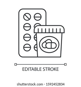 Medication linear icon. Prescribed pills. Pharmacy and medicine. Allergy treatment. Diet supplement. Thin line illustration. Contour symbol. Vector isolated outline drawing. Editable stroke