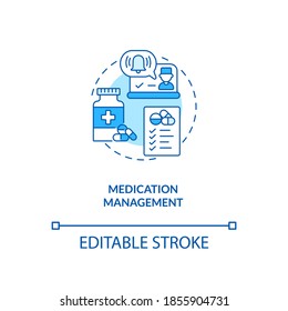 Medication management concept icon. Telemedicine service option. Healthcare technology. Future patient treatment idea thin line illustration. Vector isolated outline RGB color drawing. Editable stroke