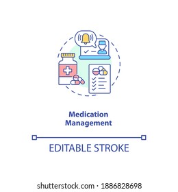 Medication management concept icon. Telemedicine services types. Healthcare devices. Future patient treatment idea thin line illustration. Vector isolated outline RGB color drawing. Editable stroke