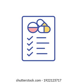 Medication Management RGB Color Icon. Checklist Of Medicament. Health Care. List Of Prescription Pills. Pharmacology Document. Pharmaceutical Treatment. Isolated Vector Illustration