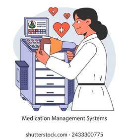 Medication Management Systems concept. Streamlining pharmacy workflows with automated solutions. Enhancing accuracy in medicine dispensing. Aiding healthcare efficiency. Flat vector illustration.