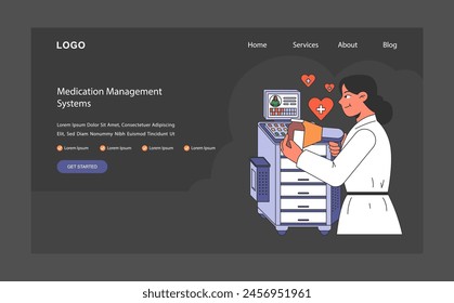 In: Medical Management Systems Concept. Optimierung von Apotheken-Workflows mit automatisierten Lösungen. Erhöhung der Genauigkeit bei der Medikamentenabgabe. Verbesserung der Effizienz im Gesundheitswesen. Flache Vektorillustration.