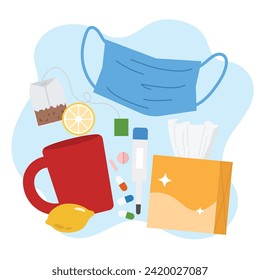 medication mask hot beverage tissue medicine in flat illustration