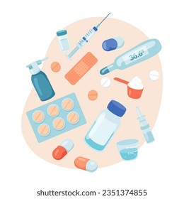 Ilustración vectorial de medicamentos y equipos médicos. Termómetro, píldoras, vendajes, jarabe, jeringa, gotas nasales para el tratamiento y prevención de enfermedades. Farmacia, atención de la salud, concepto de medicina