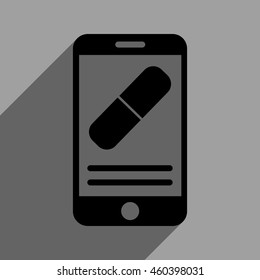 Medication Mobile Information long shadow vector icon. Style is a flat medication mobile information black iconic symbol on a gray square background with longshadow.