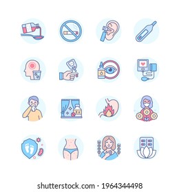 Medication - Modern Line Design Style Icons Set. Medicine, Pharmacy Idea. Pills To Treat Allergy, Heartburn, Cough Syrup, Stop Smoking, Thermometer, Sleeping Aid, Tranquilizers. Eye, Ear And Skin Care