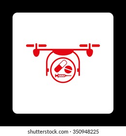 Medication Nanocopter vector icon. Style is flat rounded square button, red and white colors, black background.