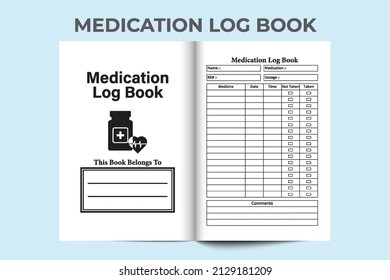 Medication notebook template interior. Medicine information and time tracker log book template. Interior of a notebook. Medication planner journal for patients. Medicine time tracker logbook.