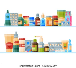Medication on shelf banner vector illustration. Medicine, pharmacy store, hospital set of drugs with labels. Pharmaceutics concept. Medical pills and bottles. Drugs list.