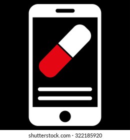 Medication Online Information vector icon. Style is bicolor flat symbol, red and white colors, rounded angles, black background.