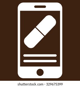 Medication Online Information vector icon. Style is flat symbol, white color, rounded angles, brown background.