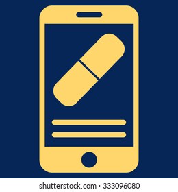 Medication Online Information vector icon. Style is flat symbol, yellow color, rounded angles, blue background.