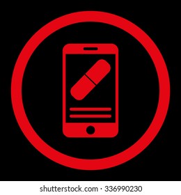 Medication Online Information vector icon. Style is flat rounded symbol, red color, rounded angles, black background.