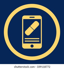 Medication Online Information vector icon. Style is flat rounded symbol, yellow color, rounded angles, blue background.