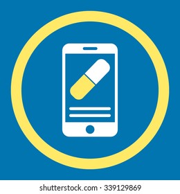 Medication Online Information vector icon. Style is bicolor flat rounded symbol, yellow and white colors, rounded angles, blue background.