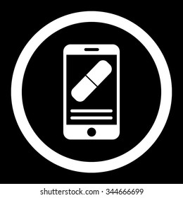 Medication Online Information vector icon. Style is flat rounded symbol, white color, rounded angles, black background.