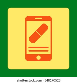 Medication Online Information vector icon. Style is flat rounded square button, orange and yellow colors, green background.