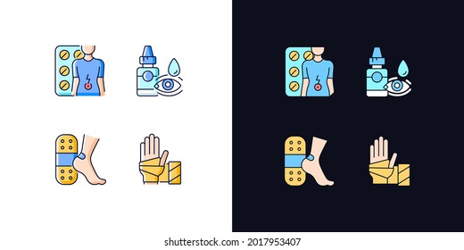 Medication options light and dark theme RGB color icons set. Digestive wellbeing. Eye drops. Skin protection. Isolated vector illustrations on white and black space. Simple filled line drawings pack