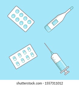 
Medication pattern. Medicine background with pills, thermometer, syringe, stock vector illustration.
