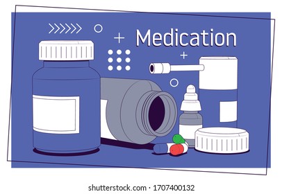 Medication, pharmaceutics concept. Medical pills and bottles. Medicine, pharmacy, hospital set of drugs with labels. Vector illustration