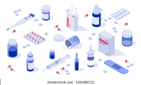 Medication, pharmaceutics concept. Set with pills, capsules blisters, glass bottles, plastic tubes. Isometric vector illustration.