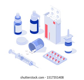 Medication, pharmaceutics concept. Set with pills, capsules blisters, glass bottles, plastic tubes. Isometric vector illustration.
