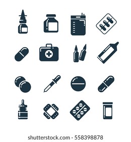 Medication pharmacology pills, tablets, medicine bottles vector icons