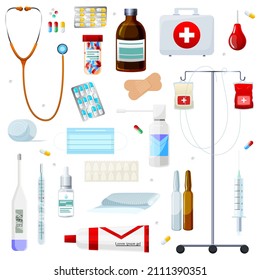 Medication, pharmacy, hospital, doctor set. Meds, pills, dropper, stethoscope, thermometer, medical mask, bandage, ointment, vaccine, drops, enema, patches, syringe. First aid kit. Vector illustration