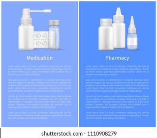 Medication pharmacy poster pill bottles set and spray containers 3D. Blank medical storages for capsules in realistic design vector with text sample