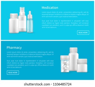 Medication and pharmacy set of web posters text sample, remedy containers with pills, eye and ear drops with pipette, nasal sprays, bottes pills vector set