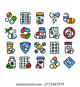 Iconos temáticos de medicamentos y farmacias, que ilustran conceptos de atención médica como medicamentos recetados, vitaminas, alivio del dolor, ayudas para dormir y tratamientos médicos
