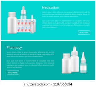 Medication and pharmacy web banners bottles with treatment remedies, empty container with drops for nose, packages aerosol aids, nasal sprays vector set