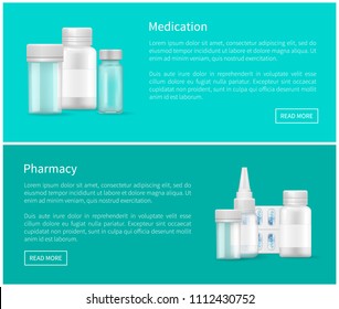 Medication and pharmacy web posters blank medical capsules painkillers in package vector remedies. Pill bottles and nasal spray 3D containers vector