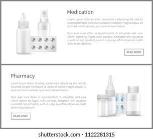 Medication pharmacy web posters with blank medical containers for capsules and spray, pills blister 3D vector set. Aerosol bottles empty packages