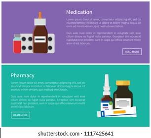 Medication and pharmacy web promo posters set. Bar of pills, special liquids with medical ointments Internet commercial pages vector illustrations.
